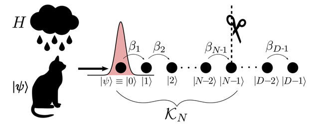 The dynamics of |ψ> under H, from the Lanczos Basis perspective, corresponds to the diffusion of an initial state |0> that is completely localized at the leftmost end of a virtual tight-binding chain.